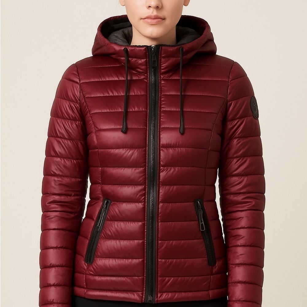 Canada Weather Gear Women’s Puffer Jacket Burgundy Hooded Lightweight Coat Sz S